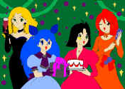 Priire (Asteroid), Aisu (Chibi Hoth), Renako (Chibi Yavin) and Ippin (Yavin) at a party! - colored by Priire from Wedding Peach, created by Naoko Takeuchi.    (125594 bytes)