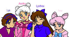 Annika (Bakura) and her children, Lys (Chibi Bakura), Lysthea (Broxan) and Ame (Chibi Serenity) - colored by Kirana (Omwat)    (117456 bytes)